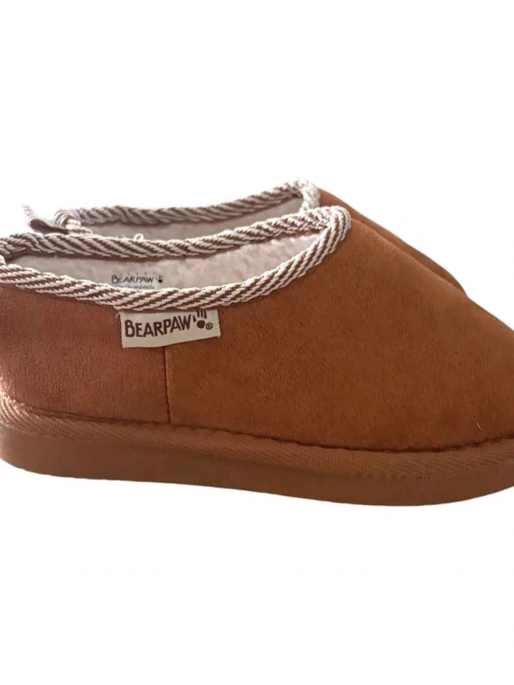 Children’s BearPaw Tan and White Faux-Suede Slip-On Slippers Toddler size 10